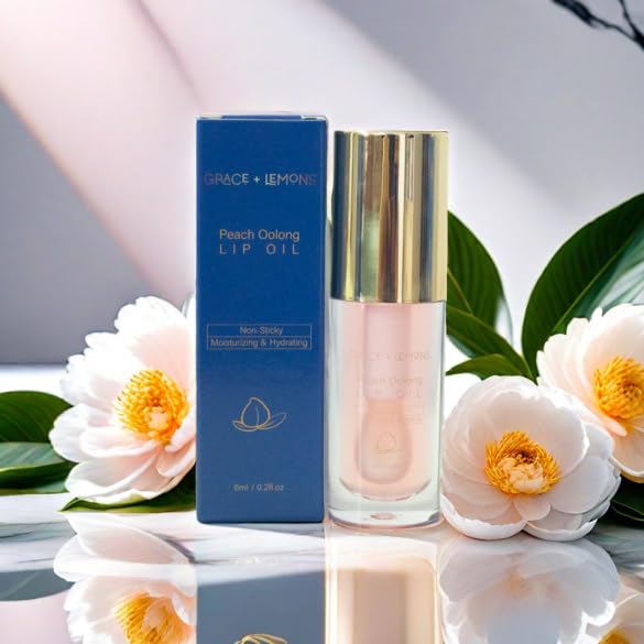 Peach Oolong Lip Oil - Jojoba Oil, Vitamin E & Uuron-cha ekisu, Non-sticky, Moisturizing & Hydrating, Lightweight, Clear