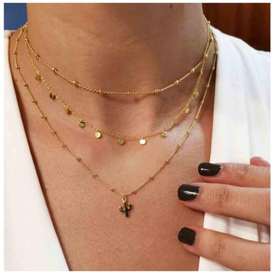 Boho Layered Disc Coin Necklace Choker Gold Cactus Pendant Necklace Stacking Satellite Chain Necklace Vintage Multilayer Necklace Chain Jewelry for Women and Girls Gifts