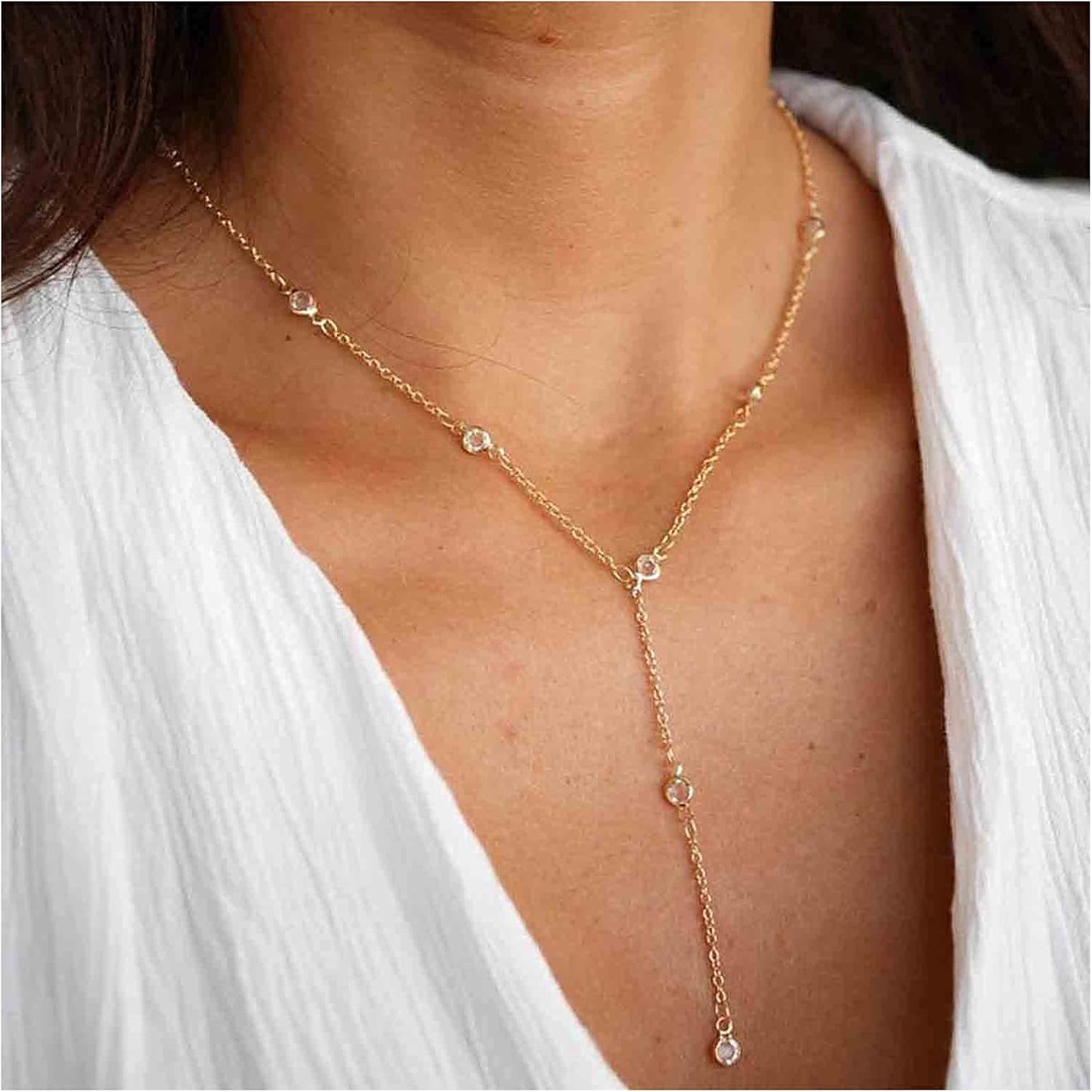 Boho Crystal Y Necklace Gold Moonstone Y Lariat Necklace Minimalist Pendant Chain Necklace Jewelry for Women