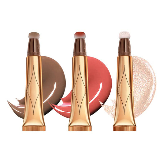 3 Color Contour Beauty Wand, Highlighter ,Blush,Face Concealer Contouring With Cushion Applicator Long Lasting & Smooth Matte Finish Liquid Illuminator Makeup Stick .01 Contour+03 Cherry Red+04 Pear White