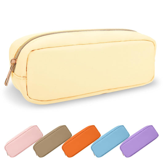 Small Pencil Case Makeup Bag for Purse, Cute Preppy Nylon Makeup Brush Bag with Zipper, Girls Portable Stationery Storage Case for Office School College (Slim-Sand)