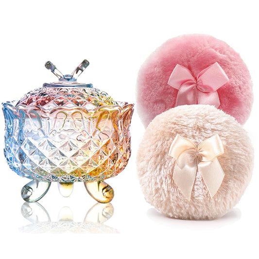 Luxury 4 Inch Glass Loose Powder Container with 2 Soft 3.5" Puffs|Non-Sealed Refillable Organizer Storage for Body Powder Makeup & Jewelry & Setting Applicator(Butterfly-Colorful)