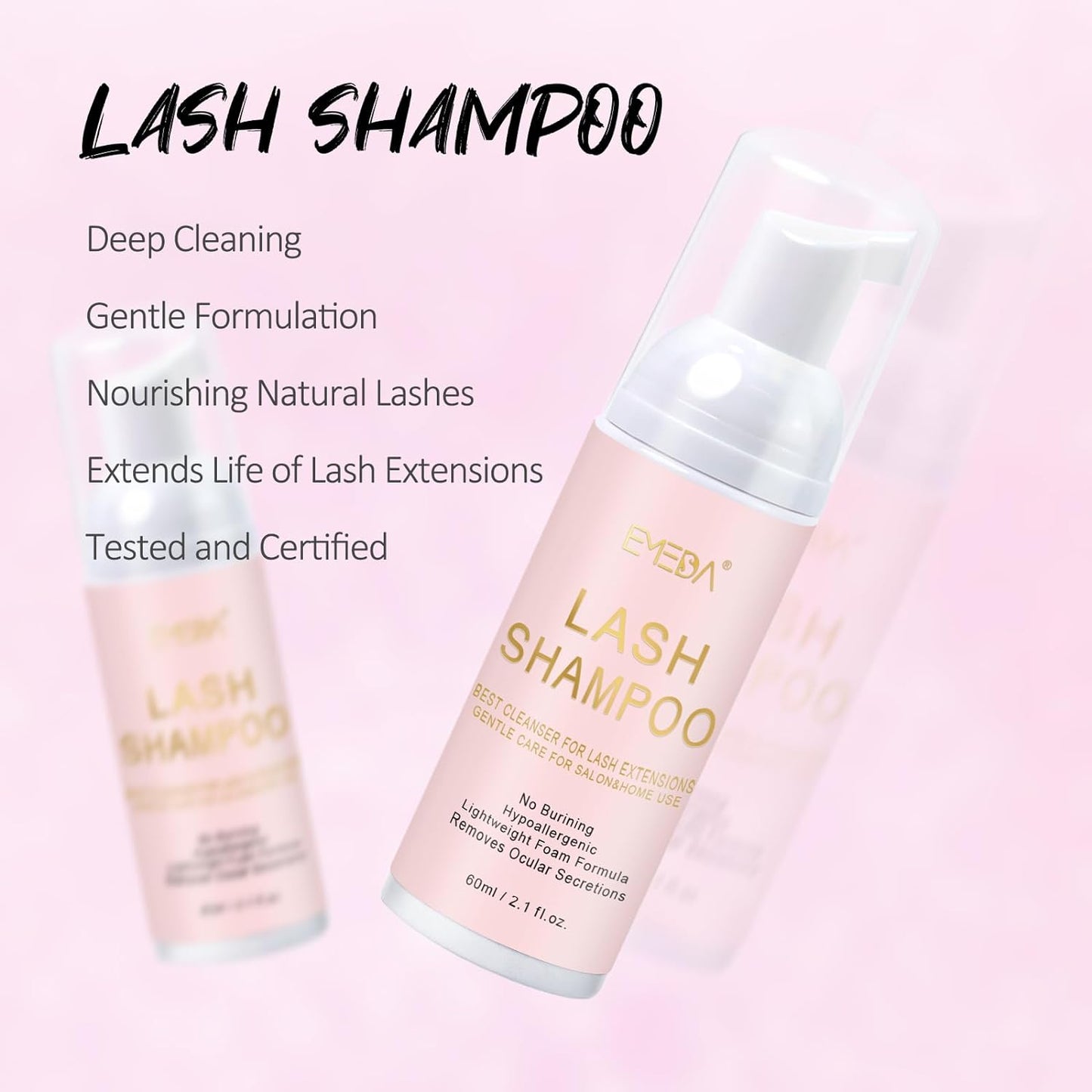 EMEDA Lash Shampoo Kit 2.02 fl oz Lash Cleaning Kit with Rechargeable Fan Dryer/Brush/Rinse Bottle, Oil-free Cleanser Wash for Extensions & Clusters & Natural Eyelashes, Cleaner for Eyelash Care