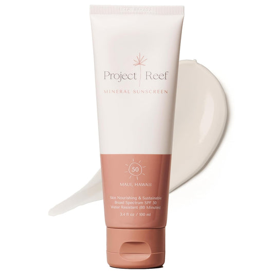 SPF 50 Mineral Sunscreen - Reef Friendly, Ocean Safe, Vegan Sunscreen Lotion for All Ages, No White Residue, Water-Resistant, 3.4 fl oz