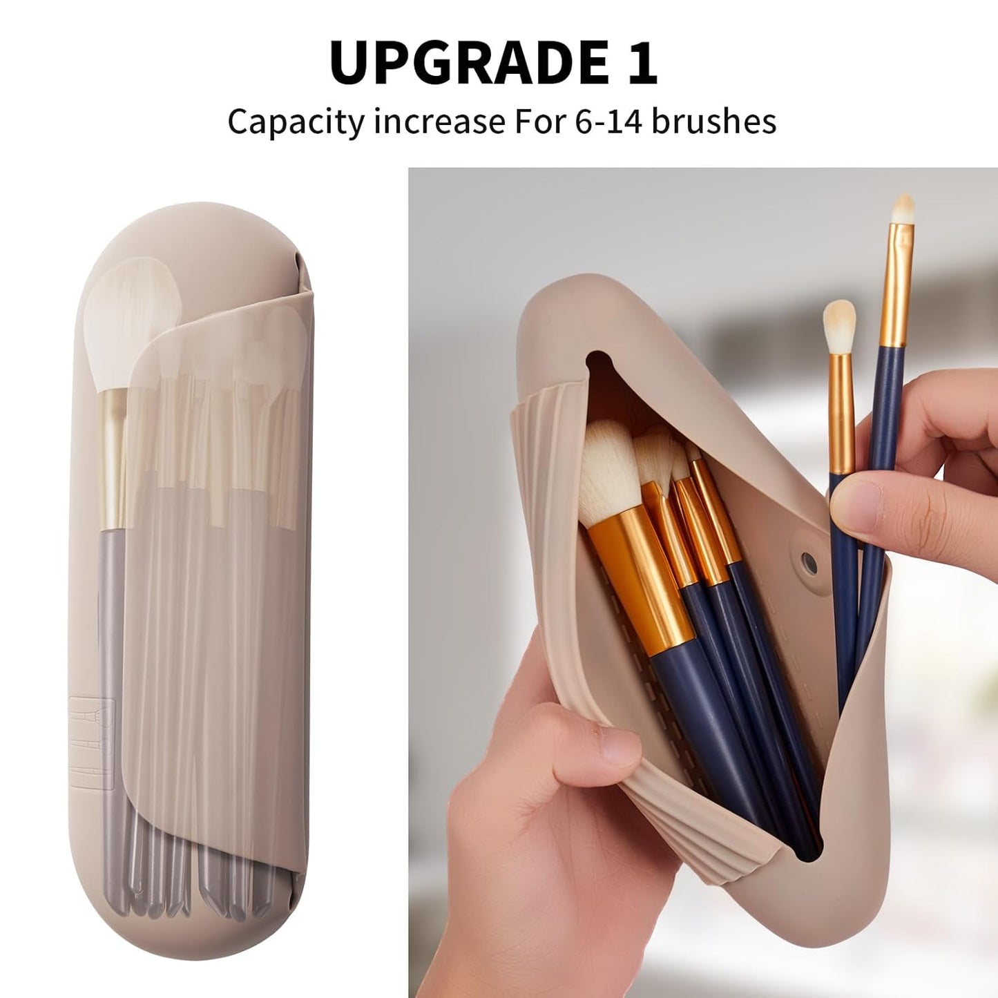Silicone Makeup Brush Holder Travel Cosmetic Bag:Soft Portable Cosmetic Face Brushes Holder with Upgrade Anti-Fall Out Magnetic Closure, Large Travel Makeup Brush Case - Walnut