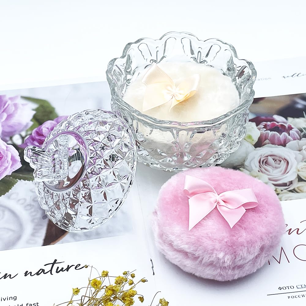 Luxury 4 Inch Glass Loose Powder Container with 2 Soft 3.5" Puffs|Non-Sealed Refillable Organizer Storage for Body Powder Makeup & Jewelry & Setting Applicator(Butterfly-Clear)
