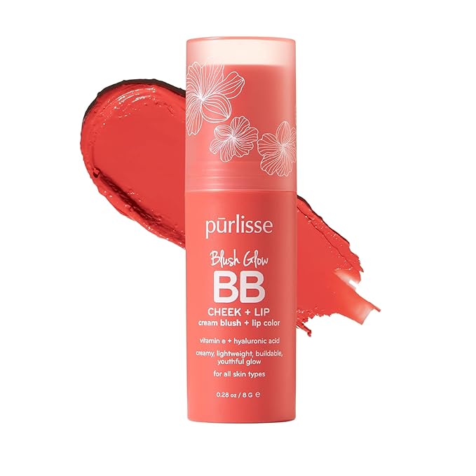 pürlisse Blush Glow Lip and Cheek Tint - Blush Stick for Cheeks and Lips with Vitamin E & Hyaluronic Acid - Hydrating & Buildable 2-in-1 Cream Blush Stick - Summer Coral ( .28 oz)