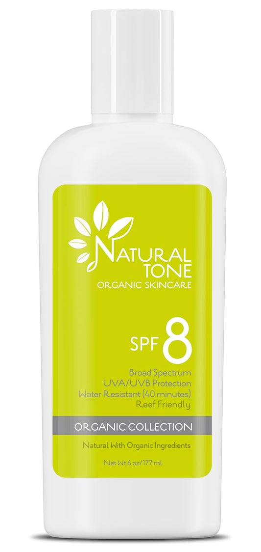 SPF8 Broad Spectrum Natural Sun screen, Soothing and Hydrating Mineral Sunscreen, Vegan, Paraben-Free Sunblock, Water-Resistant Sunscreen for Face and Body, 6oz - Natural Tone Organic Skincare