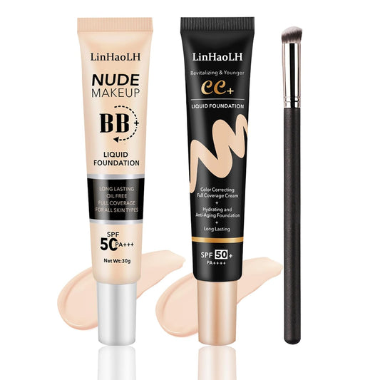 Full Coverage Concealer Foundation,Oil Control Long Lasting Lightweight BB Cream Tinted Face Moisturizer with SPF 50+ PA+++,Moisturizing CC Cream Liquid Foundation Makeup Brush Set(2 Pack)