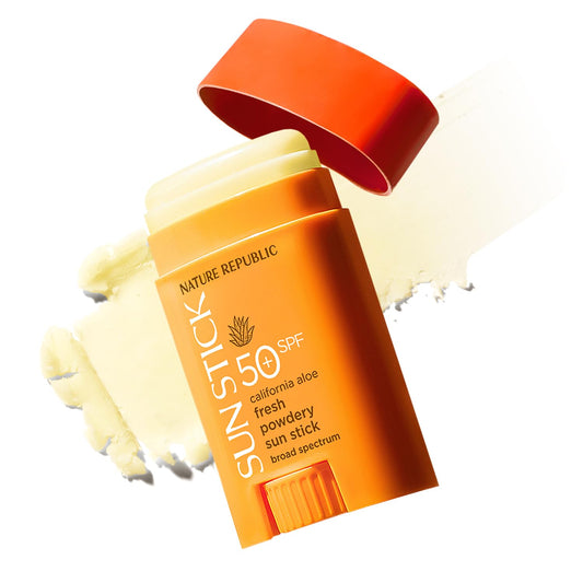 Nature Republic California Aloe Fresh Powdery Sun Stick Broad Spectrum SPF50+ | Korean Sunscreen Travel Size Suncare Sunblock, No Whitecast, non-sticky, Water resistant