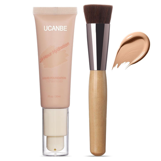 UCANBE Matte Liquid Foundation with Brush, Serum Foundation Face Makeup with Hyaluronic Acid, Medium to Full Coverage Waterproof Oil Control Longwear, for Mature Skin, Natural Beige, 1 fl. oz.