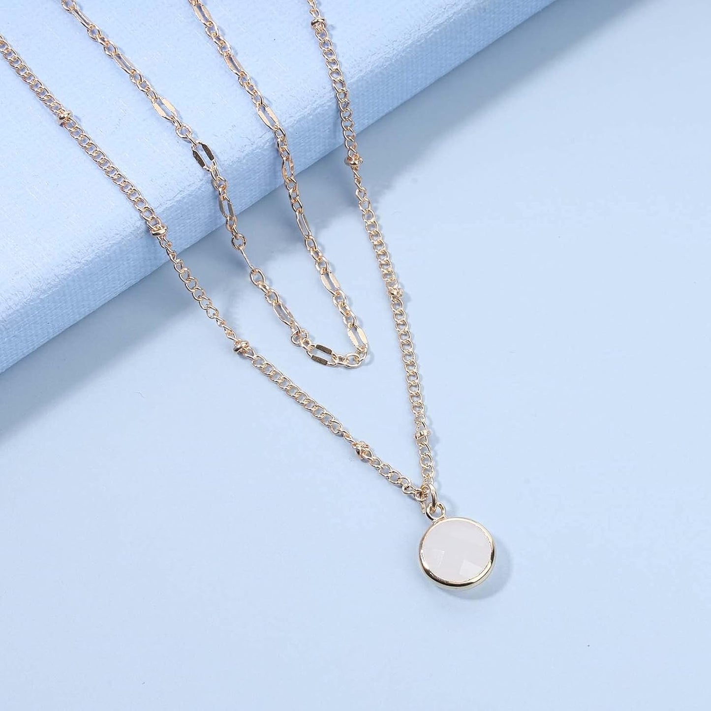 Boho Layered Opal Moonstone Necklace Choker Gold Round Opalite Necklace Clear Quartz Necklace Faceted Crystal Pendant Necklace Chain Jewelry for Women and Girls