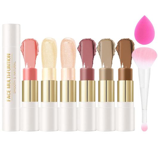 6 Colors Cream Contour Stick Set,Double-ended Cream Bronzer Stick,Highlighter Stick,Blush Stick,Professional Highlighter Makeup Contour Kit,Easy to Sculp Contorno Maquillaje(Set A)