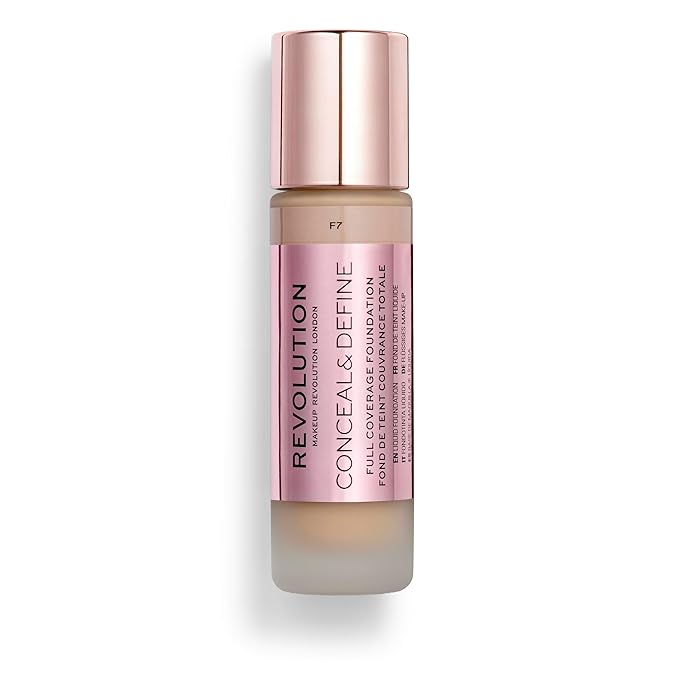 Revolution Beauty, Conceal & Define Foundation, Full Coverage, Long-Lasting Matte Finish, Vegan & Cruelty Free, F7 Medium Skin Tones, 0.8 Fl.Oz.