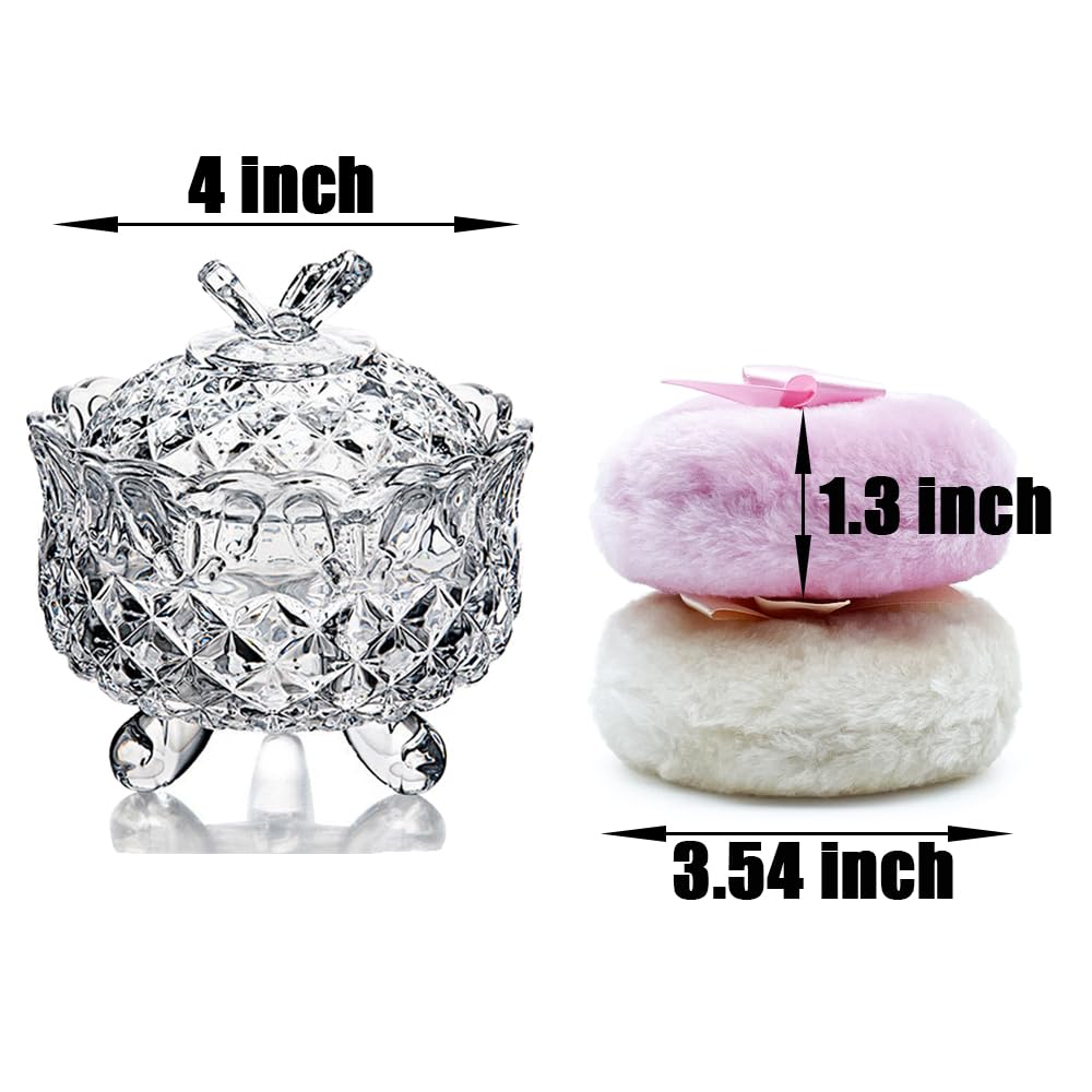 Luxury 4 Inch Glass Loose Powder Container with 2 Soft 3.5" Puffs|Non-Sealed Refillable Organizer Storage for Body Powder Makeup & Jewelry & Setting Applicator(Butterfly-Clear)