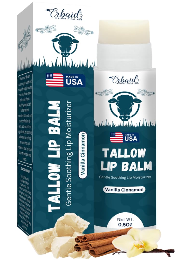 Beef Tallow Lip Balm – Natural Tallow Beeswax Chapstick – Hydrating Moisturizer Grass Fed Bison Tallow Balm Lip Care – Soothes Chapped, Dry Lips, Sensitive Skin – Long Lasting & Vitamin Rich USA-Made