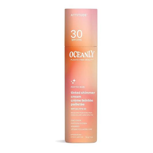 ATTITUDE Oceanly Tinted Shimmer Face Cream Stick with SPF 30, EWG Verified, Plastic-Free, Broad Spectrum UVA/UVB Protection with Zinc Oxide, Universal Tint, Unscented, 1 Ounce
