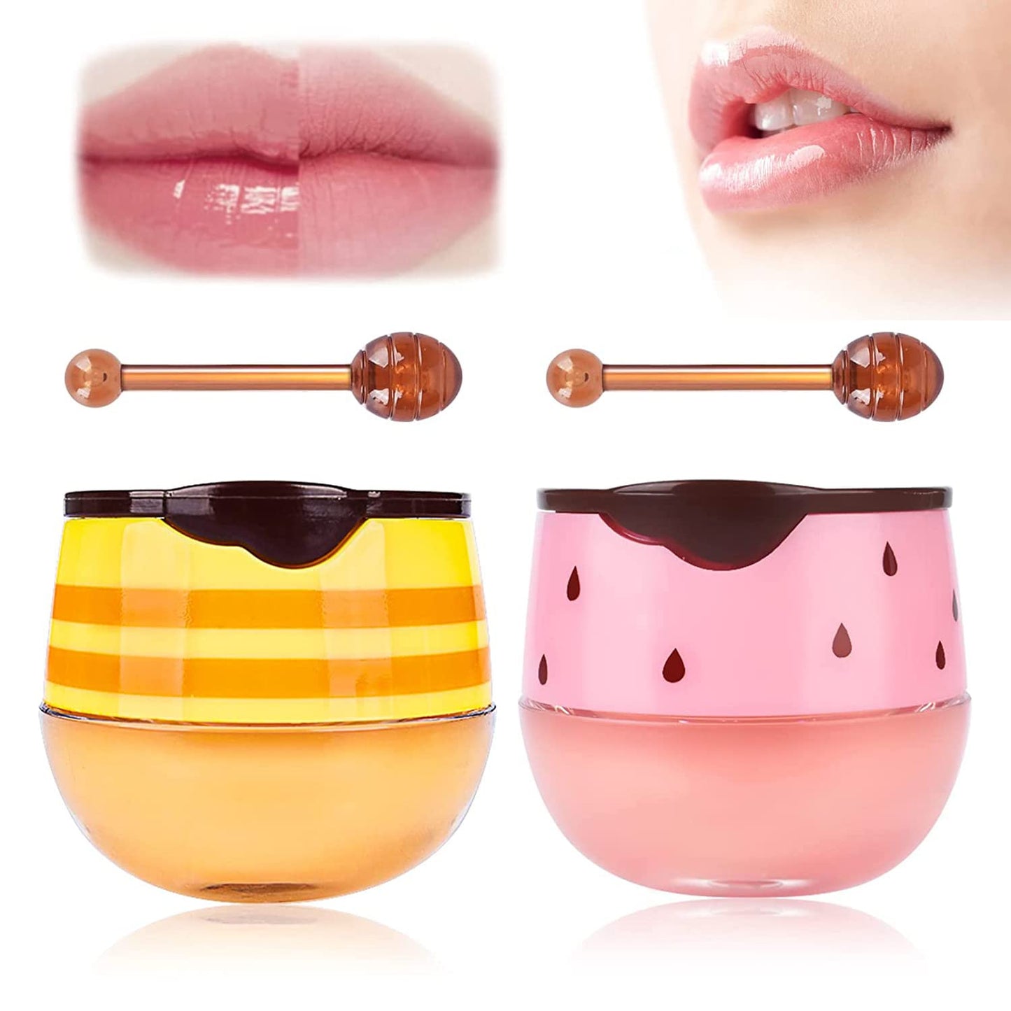 Bee Balm Lip Balm Honey Pot, 2 PCS Strawberry & Honey Lip Masks Hydrating Prevention Dry and Cracked Lip Scrubs Exfoliator