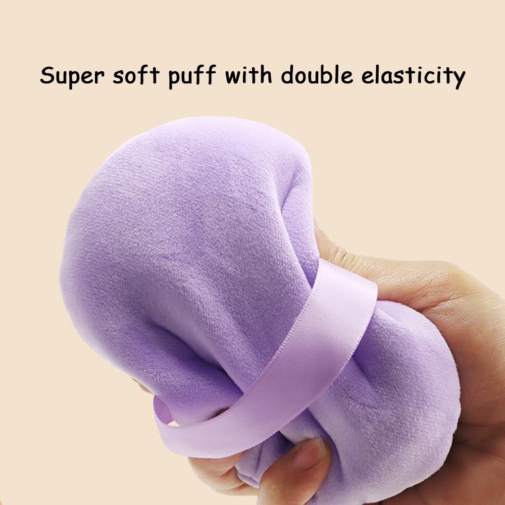 2 Pack Extra Large 5.2" Purple Powder Puffs and 5.3" Glass Container – Oversized Dusting Powder Jar with Puff Powder Holder Case(Clear Glass)