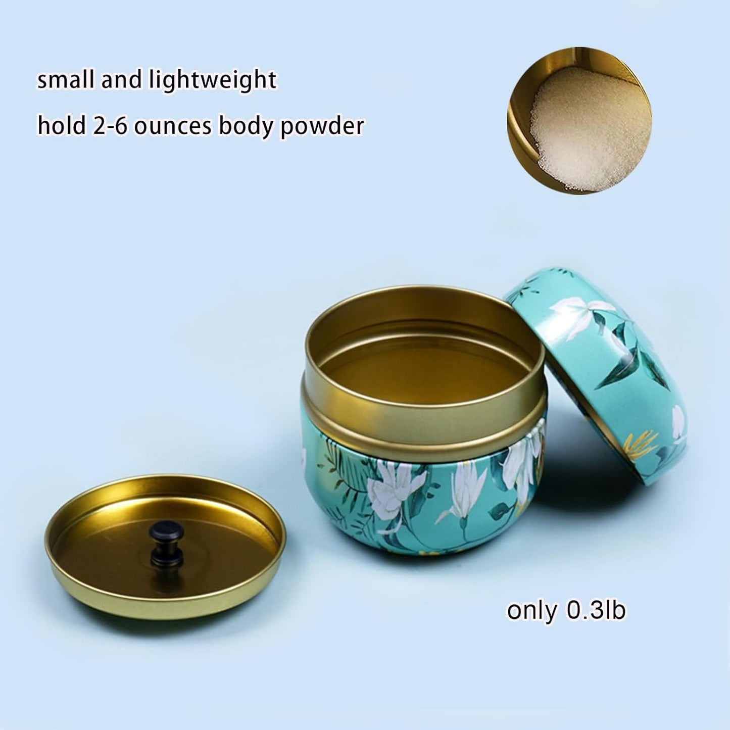 SHIMIDO Body Powder Puff and Container, 3.15" Portable Empty Body Powder Container for Baby Women's Loose Dusting Powder, Powder Case Box with Lids for Bath, Travel and Home Use (Cyan Flower)