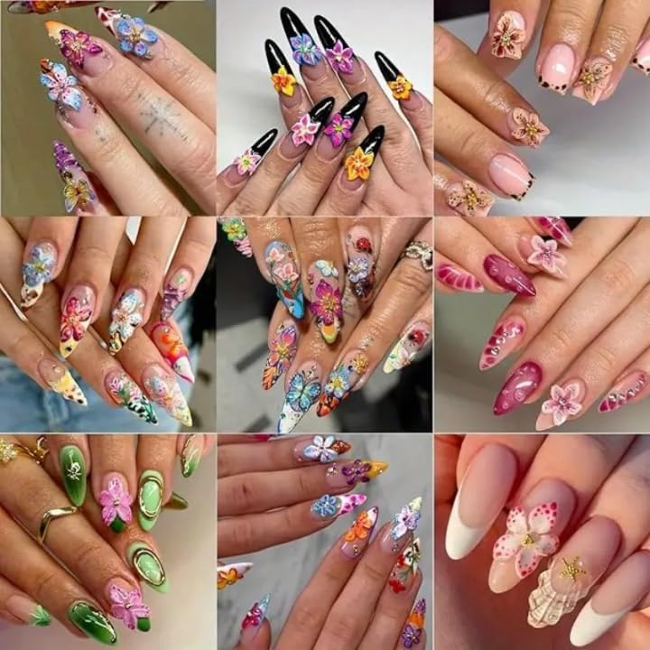 Flower Bow Nail Charms and Gems, 3D Resin Blossom Petals with Caviar Beads Charms for Nails Design,Flatback Pearl Charms Cherry Butterfly Rhinestone Nail Charms for Manicure DIY