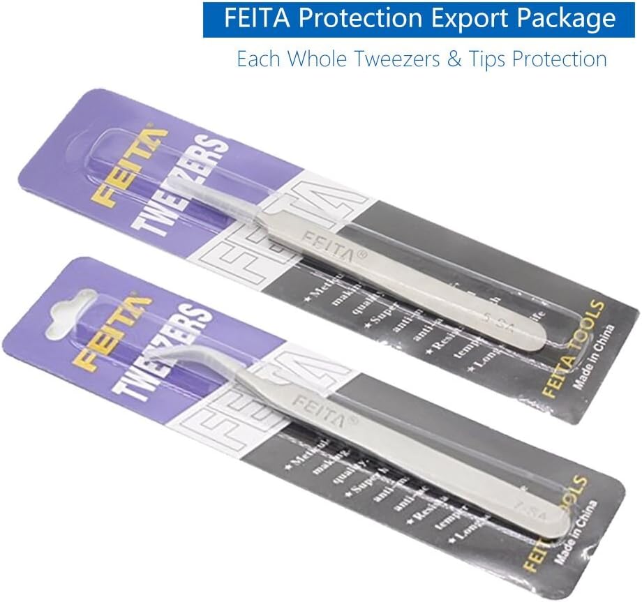 FEITA Precision Eyelash Extension Tweezers Set - Professional Straight & Curved Pointed Very Fine Tip Tweezers for Lash Extensions - Silver - 2Pcs