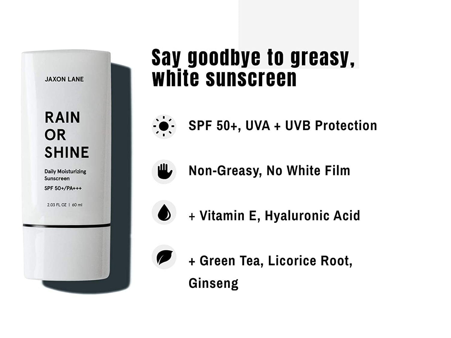 RAIN OR SHINE Anti Aging Face Sunscreen SPF 50 for Clear Skin w/Green Tea, Hyaluronic Acid, Vitamin E Oil, Ginseng Extract, Licorice Root, SPF Moisturizer for Face & Body Cream 2.03 Oz, Unscented, 2Pk