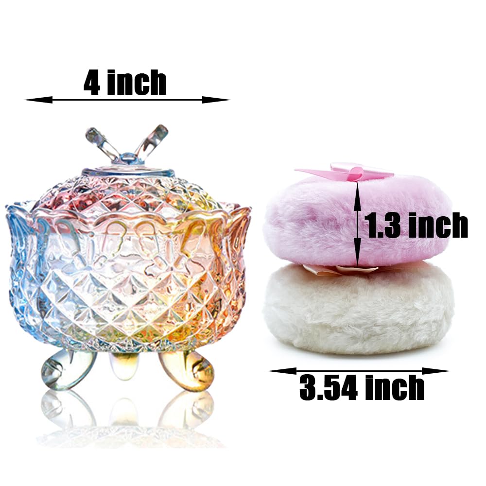 Luxury 4 Inch Glass Loose Powder Container with 2 Soft 3.5" Puffs|Non-Sealed Refillable Organizer Storage for Body Powder Makeup & Jewelry & Setting Applicator(Butterfly-Colorful)