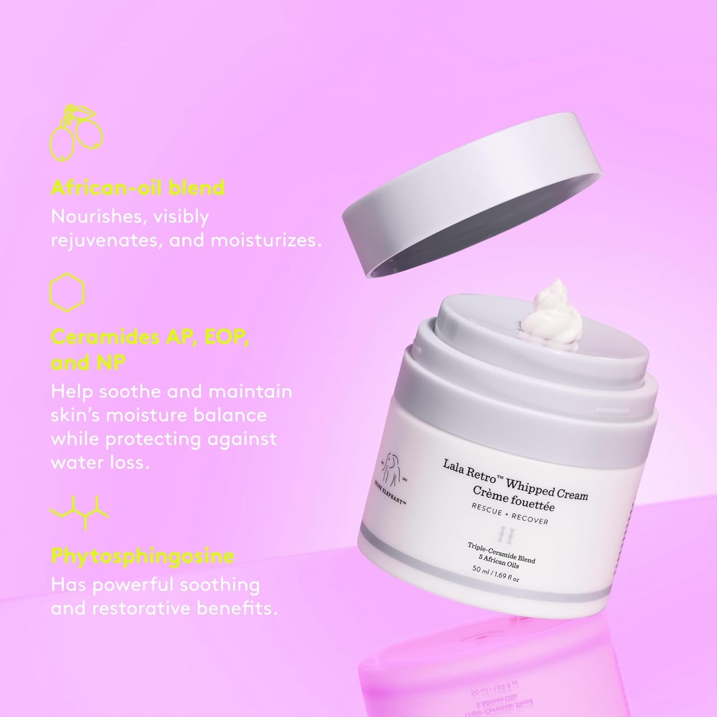 Drunk Elephant Lala Retro Whipped Cream - 50 ml/1.69 fl oz - Ceramide Moisturizer - Clean Clinical Skincare - Cruelty-Free - Dermatologist-Tested - Includes D-Bronzi Deluxe Sample (5 ml/.16 fl oz)