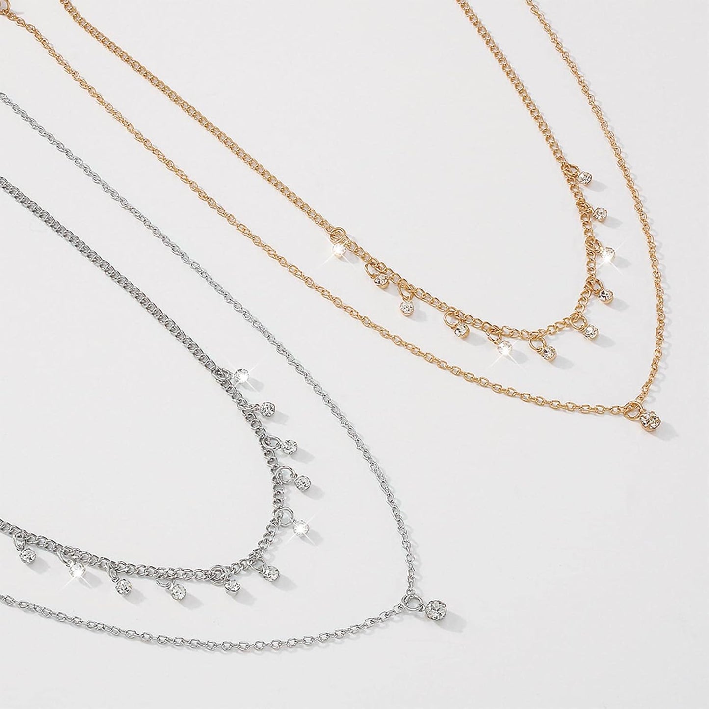 Boho Layered Gold Choker Necklace Crystal Pendant Necklace Rhinestone Tassel Choker Necklace Sparkly CZ Dangle Necklace Chain Jewelry for Women and Girls (Gold)