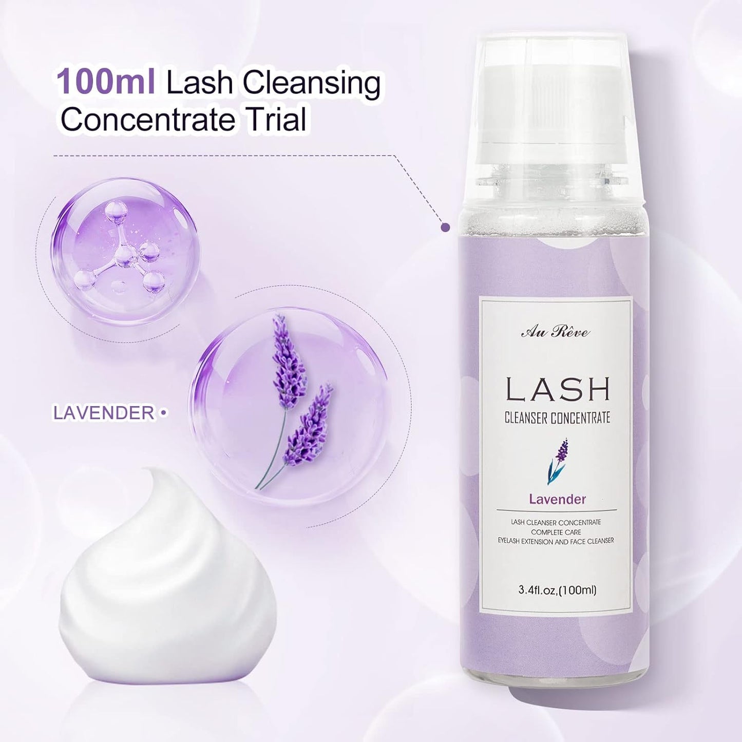 Eyelash Cleanser Concentrate 100ml Eyelash Extension Cleanser Inside the Eyelash Extension Kit Oil-Free Eyelash Extension Shampoo Perfect for Salon-Can Make Ten 60ml bottles of Lash Shampoo,Lavender
