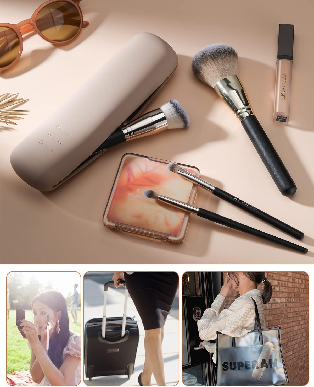 FERYES Large Travel Makeup Brush Holder with 4Pcs Makeup Brushes