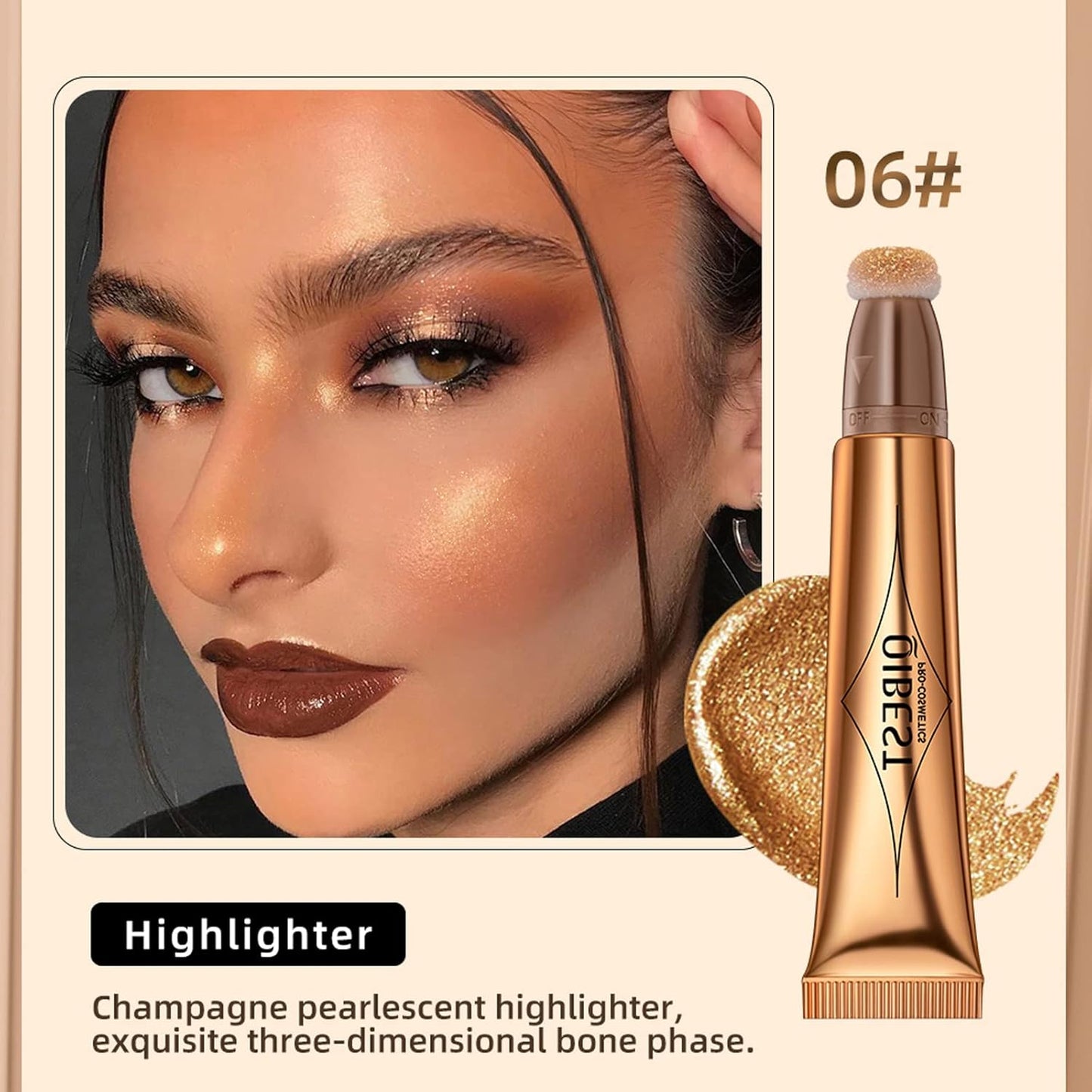 Highlighter Beauty Wand, Cream Liquid Highlighter Makeup Stick, Silky Smooth Face Shimmer Bronzer Stick with Cushion Applicator, Lightweight Body Face Glowing Highlighter, Cruelty-free(Bronze Gold)