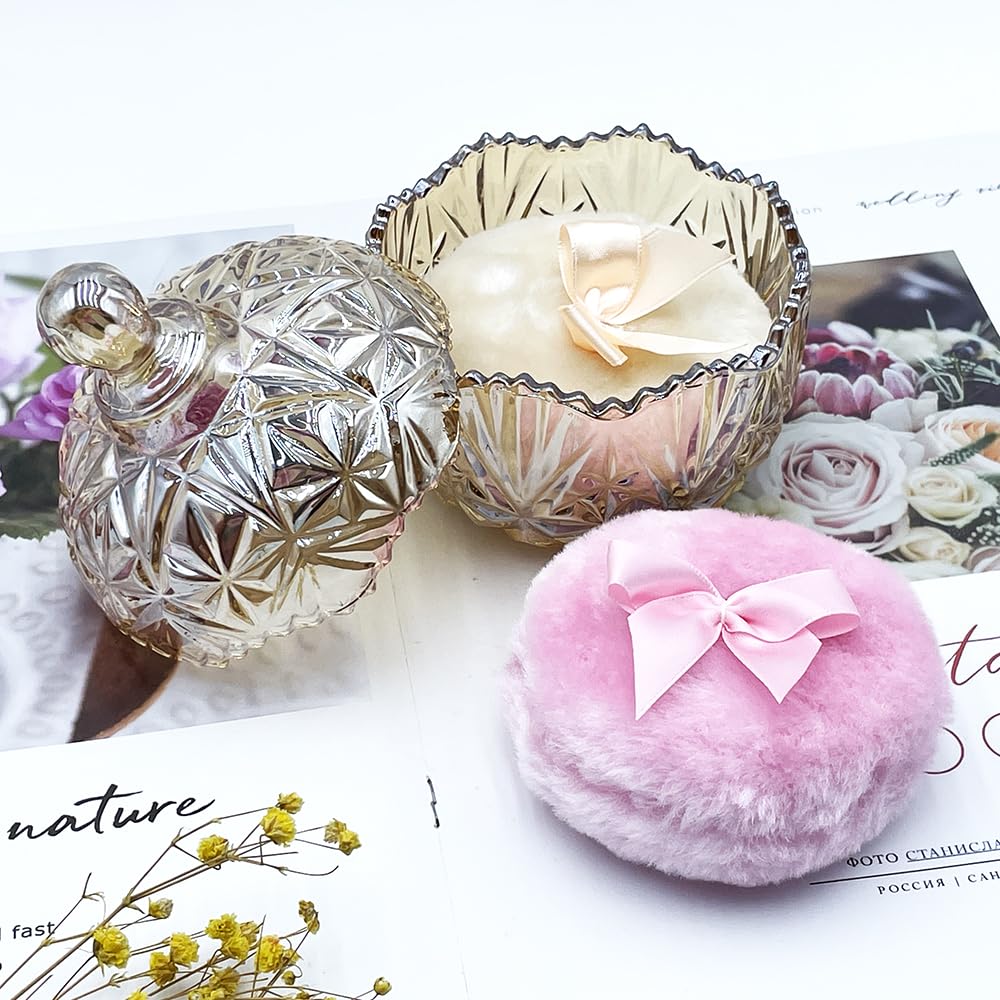 Luxury 4 Inch Glass Loose Powder Container with 2 Soft 3.5" Puffs|Non-Sealed Refillable Organizer Storage for Body Powder Makeup & Jewelry & Setting Applicator(Crown-Amber)