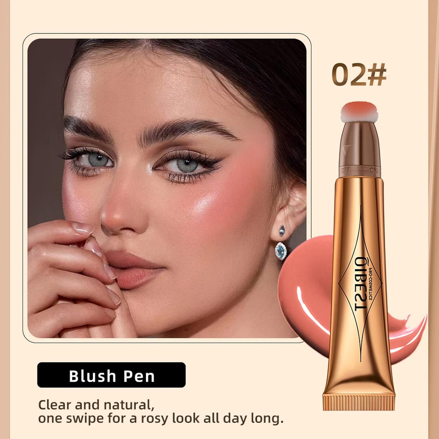 Blush Beauty Wand, Liquid Face Blush with Cushion Applicator, Silky Smooth Cream Blush Stick Natural Matte Finish, Lightweight Blendable Blush Stick Makeup for Cheek Lip eye, Cruelty-free(Peach Pink)