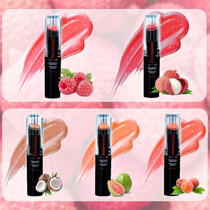 5 Pack Tinted Lip Balm With Glitter Powder Stocking Stuffers Tinted Chapstick - Moisturizing Lip Balm with Shimmer - Lipstick Set - Assorted Colors and Favors
