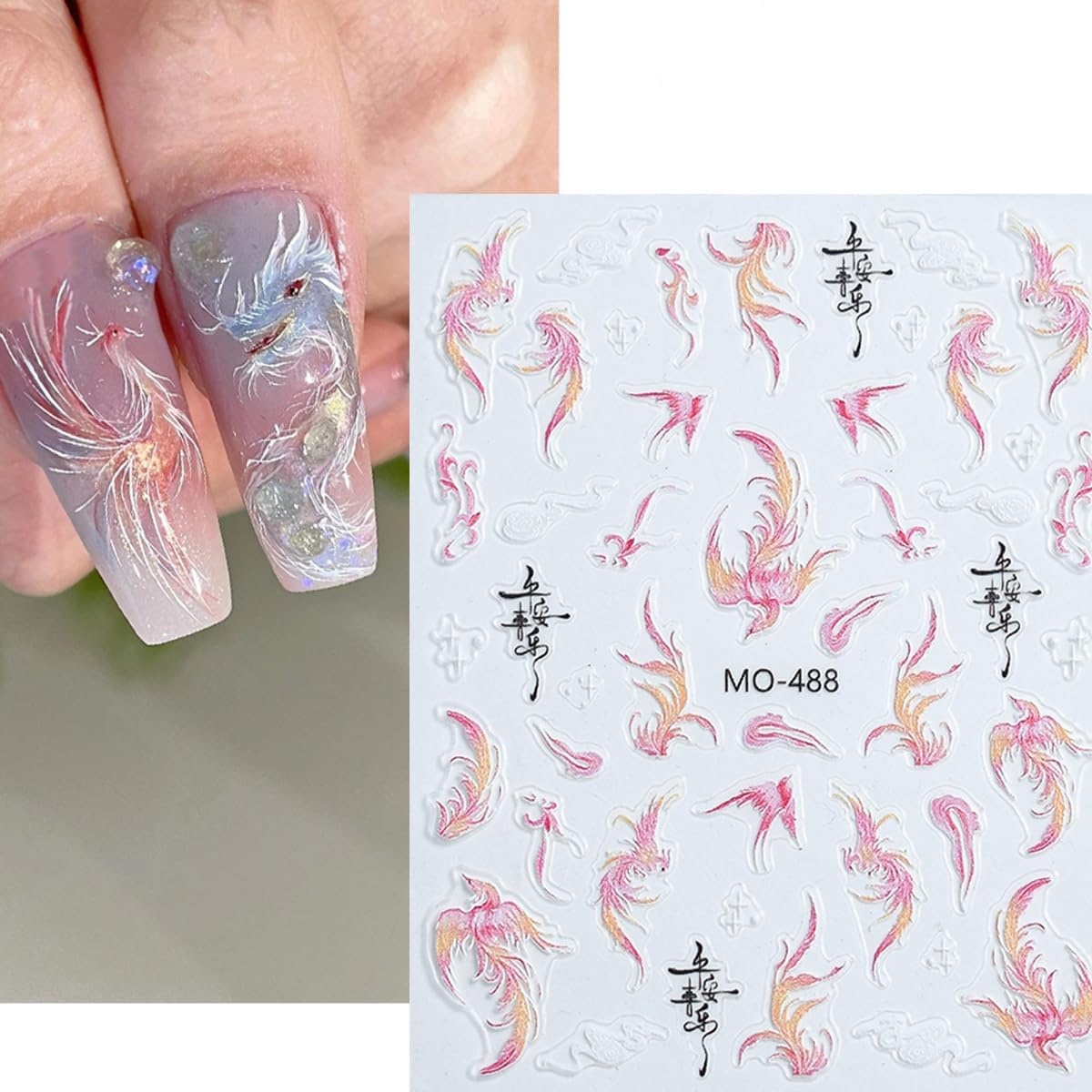 Koi Fish Nail Stickers Chinese Style Hand Drawn Loong Phoenix Nail Art Stickers 5D Embossed Nails Decals Pink Cute Dragon Nails Design Sticker Spring Summer Manicure Supplies for Women DIY 3Sheets