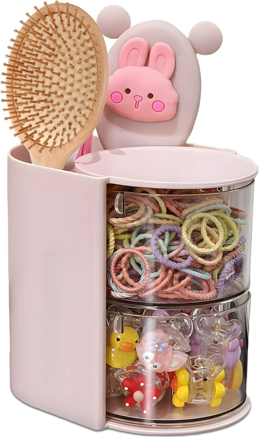 Hair Accessories Organizer with Hair Brush Holder, Rotatable Makeup Brush Holder for Necklaces, Earring, Bracelet, Ring, Makeup Brushes, Hair Clip and Hair Accessories (Pink, 2-Layer)