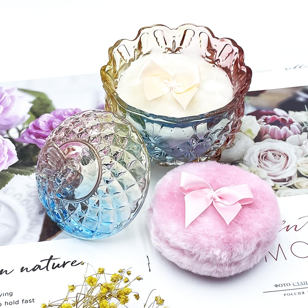 Luxury 4 Inch Glass Loose Powder Container with 2 Soft 3.5" Puffs|Non-Sealed Refillable Organizer Storage for Body Powder Makeup & Jewelry & Setting Applicator(Butterfly-Colorful)