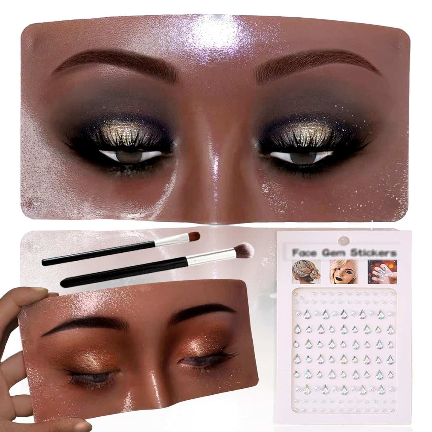 Silicone Makeup Mannequin Face, Makeup Practice Face Board for Makeup Artist Supplies, Mannequin Face for Makeup Practice with Makeup Brushes Rhinestones Sticker(Black)