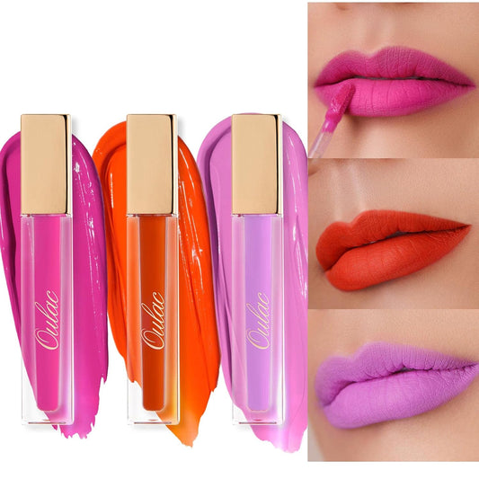 Oulac Pink Matte Lipstick Set for Women,Purple, Orange Lip Stain Long Lasting Waterproof, No Transfer, Creamy High Pigmented Formula with Rose Oil, Vegan & Cruelty-Free (M06+M07+M14)