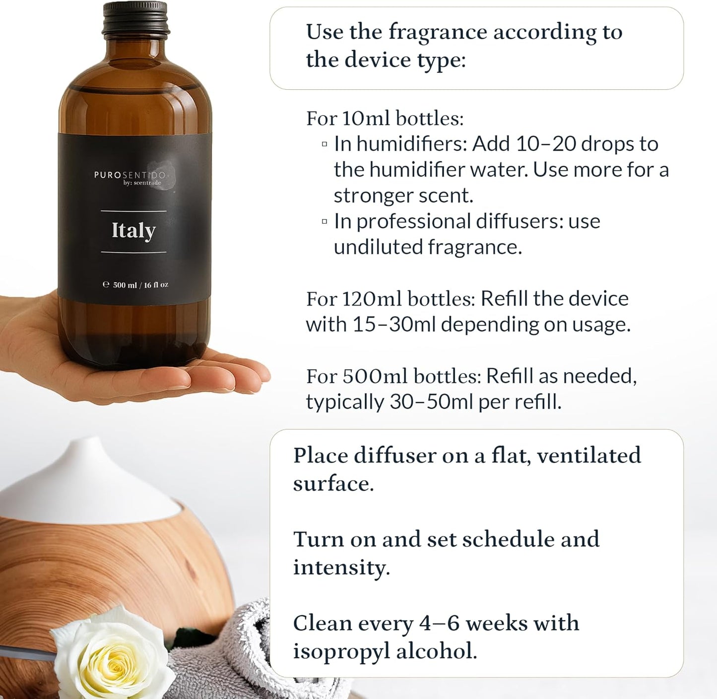 PuroSentido Italy Aroma Oil (120 ml) - Luxury Fragrance Oil for Diffusers and Humidifiers, Sicilian Lemon, White Rose & Musk Home, Hotel & Spa Scent