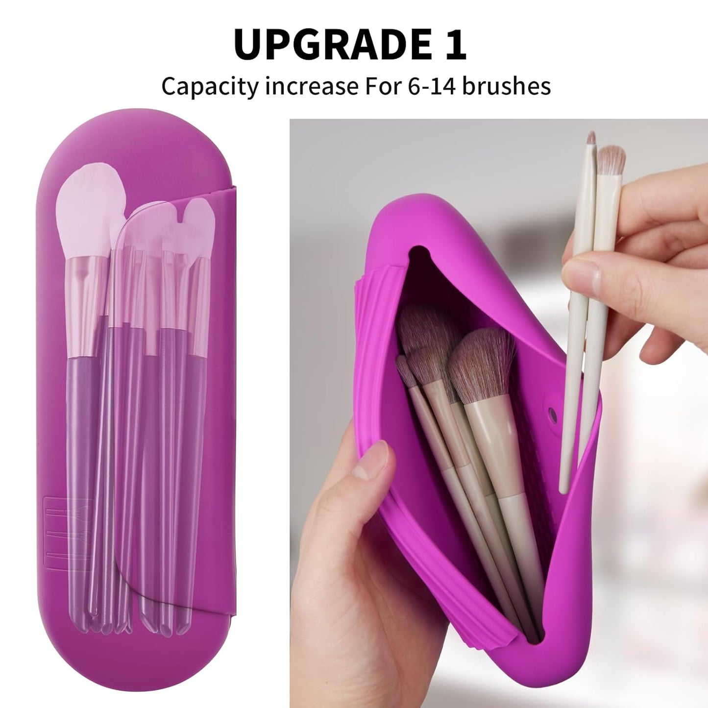Silicone Makeup Brush Holder Travel Cosmetic Bag:Soft Portable Cosmetic Face Brushes Holder with Upgrade Anti-Fall Out Magnetic Closure, Large Travel Makeup Brush Case - Bright Pink