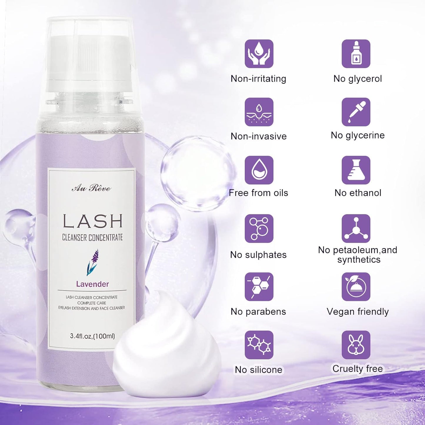 Eyelash Cleanser Concentrate 100ml Eyelash Extension Cleanser Inside the Eyelash Extension Kit Oil-Free Eyelash Extension Shampoo Perfect for Salon-Can Make Ten 60ml bottles of Lash Shampoo,Lavender