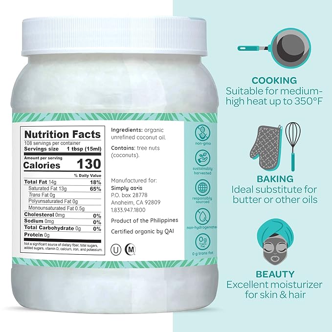 Simply as-is | Cold-Pressed & Organic Virgin | Unrefined | Coconut Flavor for Cooking & Baking | Deep Moisturizer for Beauty | 54 fl oz