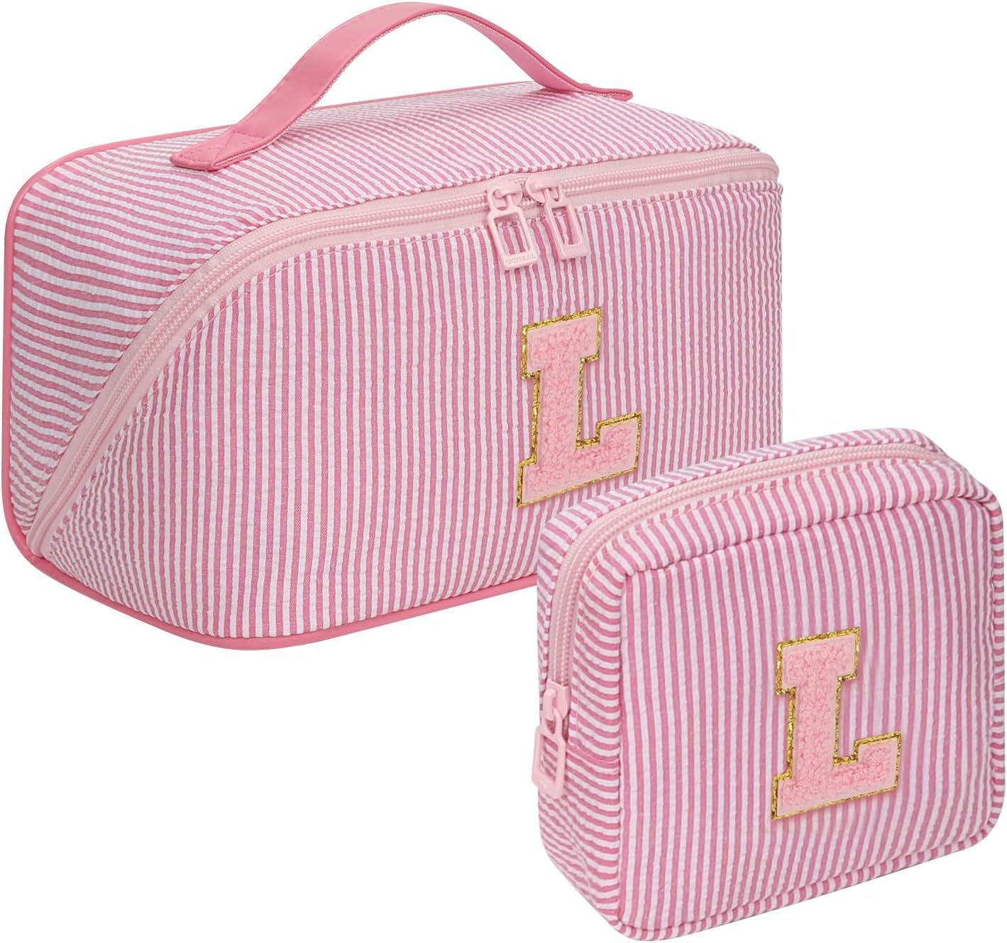Travel Makeup Bag for Women, 2Pcs Portable Personalized Initial Makeup Organizer Bag, Open Flat Large Cosmetic Bag With Travel Essential Pouch (Pink Letter L)