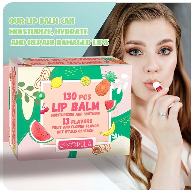 130 Pack Natural Lip Balm Bulk with Vitamin E and Coconut Oil - Moisturizing, Soothing, and Repairing Dry and Chapped Lips - 13 Flavors - Non-GMO 0.15 Oz