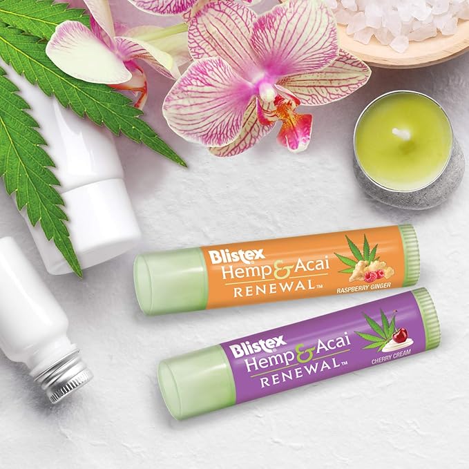 Blistex Hemp & Acai Renewal Lip Balm, 0.30 Ounce, 2 Count – Raspberry Ginger & Cherry Cream, Moisturizing Lip Balm, Super Fruit Benefits, Nourishes & Conditions Lips (Pack of 3)