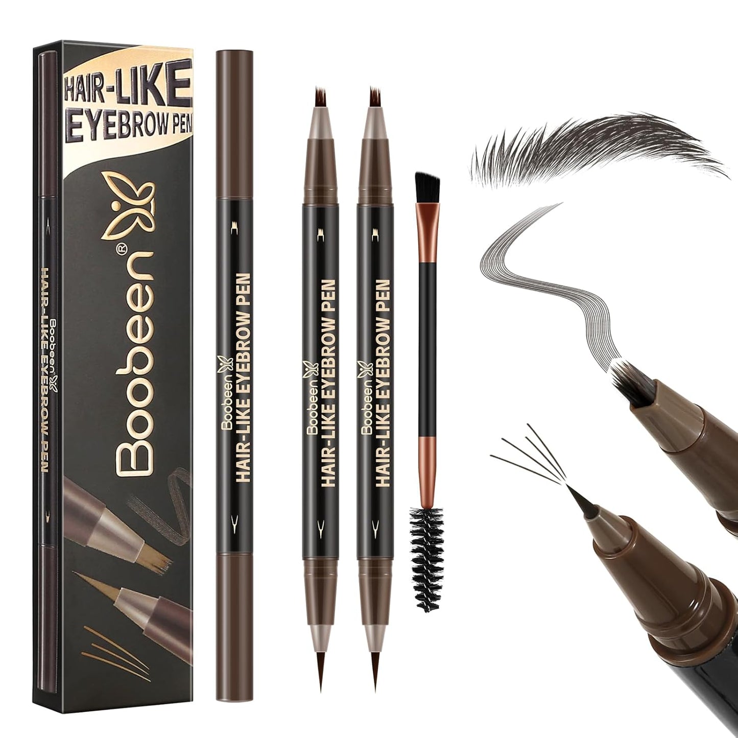 Boobeen 2pcs Waterproof Eyebrow Pen,Dual-Ended Eyeliner Microblading Eyebrow Pencil for Women,Long Lasting Hair-Like Brow Pen with Brow Brush,Dark Brown