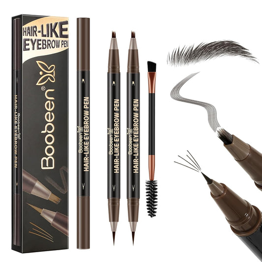 Boobeen 2pcs Waterproof Eyebrow Pen,Dual-Ended Eyeliner Microblading Eyebrow Pencil for Women,Long Lasting Hair-Like Brow Pen with Brow Brush,Dark Brown